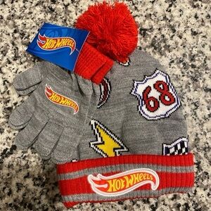 Hot Wheels Gray and Red Beanie and Gloves Set